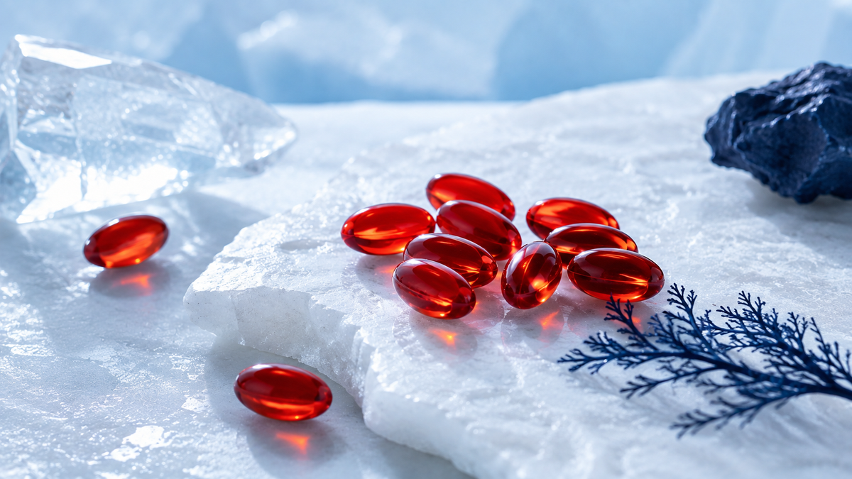 Aceite de krill antártico en una composición editorial de bienestar