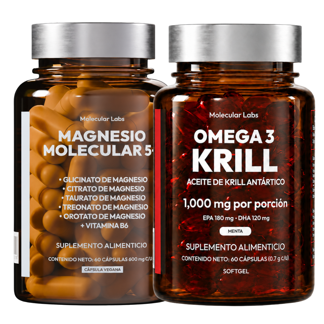 Pack Dupla Esencial: Magnesio Molecular 5+ ® + Omega 3 Krill Antártico ®